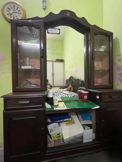 Solid Wood Dressing Table with Mirror & Dual Display Cabinets