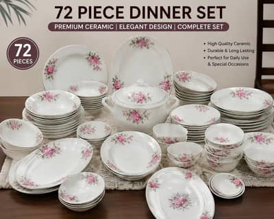 72 Piece Premium Ceramic Dinner Set | Elegant Pink Rose Design |