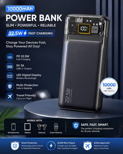 10000mAh Power Bank | 22.5W PD Fast Charging | LED Display | USB-C Po