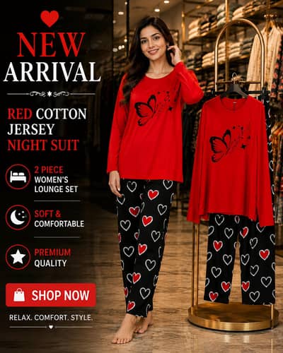 Red Cotton Jersey Night Suit | 2 Piece Women's Lounge Set
