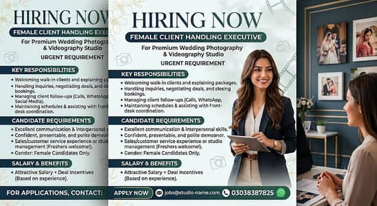 Female Sales & Booking Coordinator (Studio) 03038387825