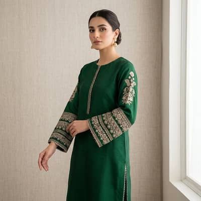Green Shamoz Silk 2-Piece Embroidered Set  9 in Stock