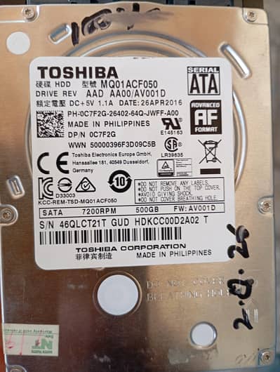 Toshiba Hard drive for laptop and pc Mini 500Gb  health guranteed