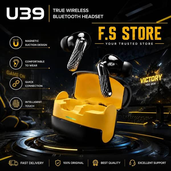 U39 Wireless Bluetooth 5.3 TWS Gaming Earbuds_Low Latency Gaming Mode_ENC Noise Cancelling_Heavy Deep Bass With HD Sound_USB-C Charging Case_Touch Control_Comfortable Fit_Long Backup