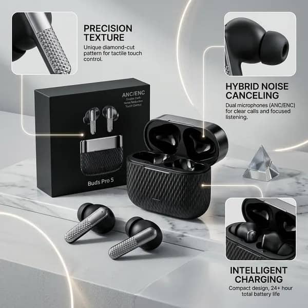Buds Pro 5 Wireless Bluetooth Earbuds with ANC, ENC Noise Cancellation, Bluetooth 5.3, HD HiFi Stereo Sound, Touch Control, Type-C Fast Charging, LED Display, Long Battery Life, Gaming Earbuds with Microphone, Sports TWS Earphones, Black