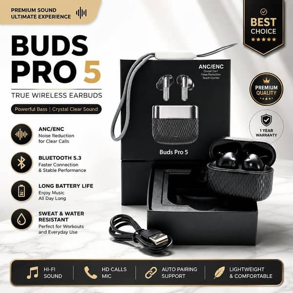 Buds Pro 5 Wireless Earbuds Bluetooth 5.3 ANC/ENC Noise Reduction Touch Control HD Sound Earbuds