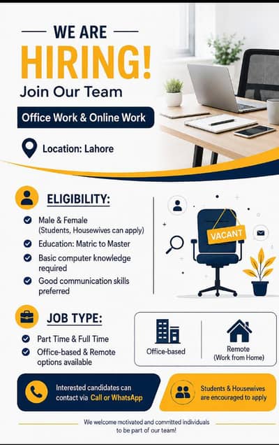 Office & Online Work Jobs Available – Male/Female