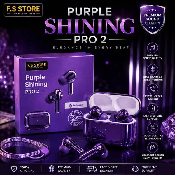 Purple Shining Pro 2 Wireless Bluetooth Earbuds | Bluetooth 5.3 | ENC HD Calling | Touch Control | Fast Charging | Hi-Fi Stereo Sound | Transparent Charging Case | Gaming & Music TWS Earbuds