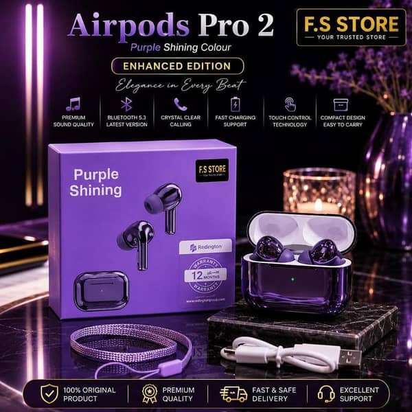 Purple Shining Pro 2 TWS Bluetooth Earbuds – Premium Wireless Earphones with Bluetooth 5.3, HD Bass, ENC Calling, Touch Control, Fast Charging & Stylish Transparent Charging Case