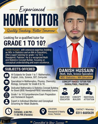 Experienced Home Tutor Grade 1-10 | Satellite Town Rawalpindi