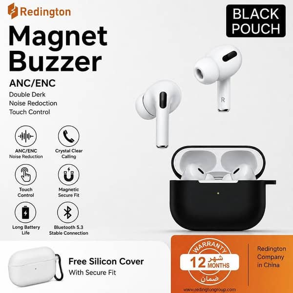 Redington Magnet Buzzer TWS Bluetooth Earbuds – ANC/ENC Noise Reduction | Bluetooth 5.3 | Crystal Clear Calls | Touch Control | Long Battery Life | Premium Wireless Earphones with Black Pouch