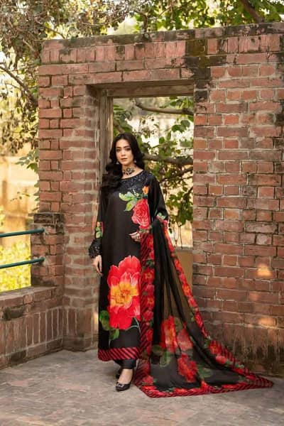 3pc Digital Printed Silk Suit Black Red Floral - Silk Dupatta - COD