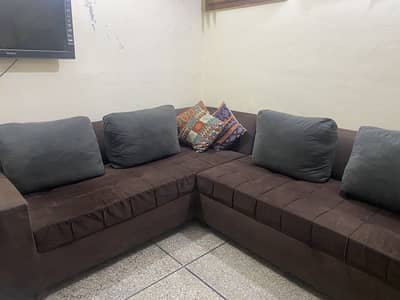 L shaped dark brown velvet sofa set
