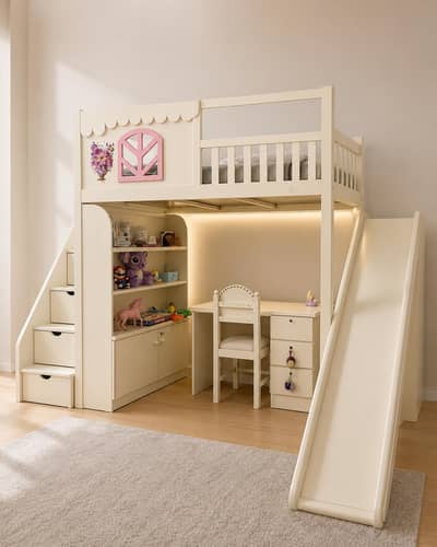 Kids Loft Bed with Slide & Study Table | Custom Wooden Bunk Bed
