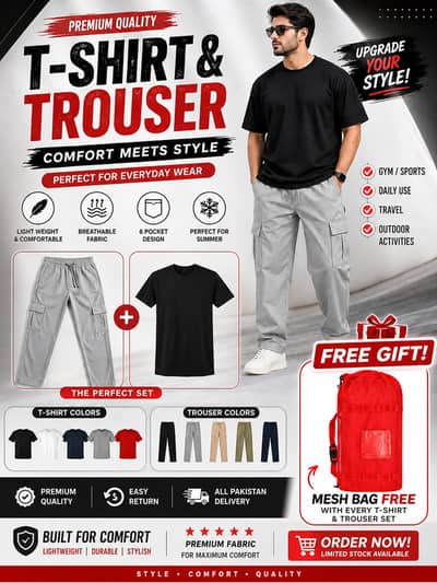 Men's Sports T-Shirt with 6 Pocket Cargo Trouser|Gym Wear| sport shirt