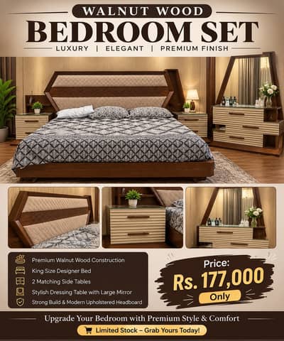 Luxury Walnut Wood King Size Bedroom Set | Premium Designer Bed Set