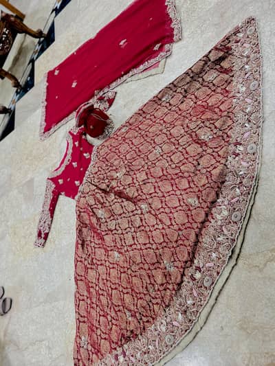 Red bridal maxi frock with heavy jamawar and net dupata potli included