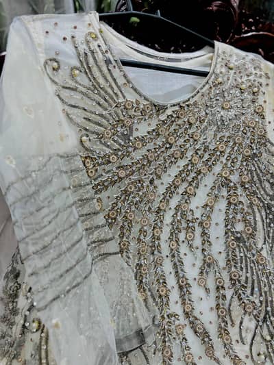 white net party wear tail maxi dress with heavy embroidery