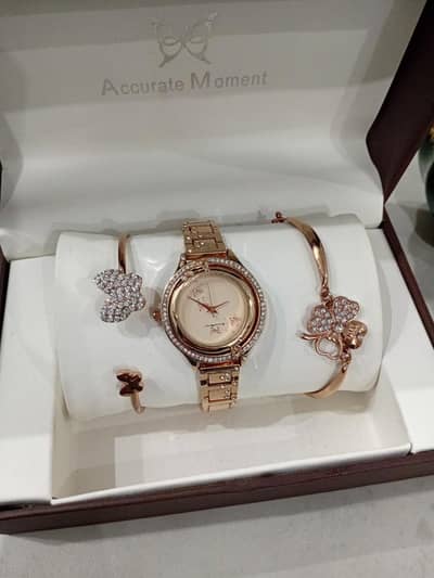 Accurate Moment Women’s Rose Gold Watch & Bracelet Luxury Gift Set