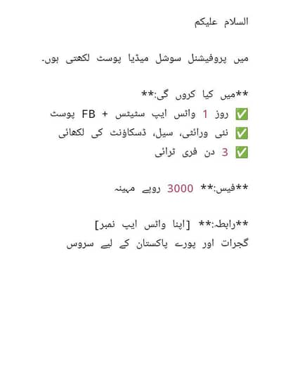 میں کپڑے کی دوکانوں کے لیے FB اور واٹس ایپ پوسٹ لکھتی ہوں