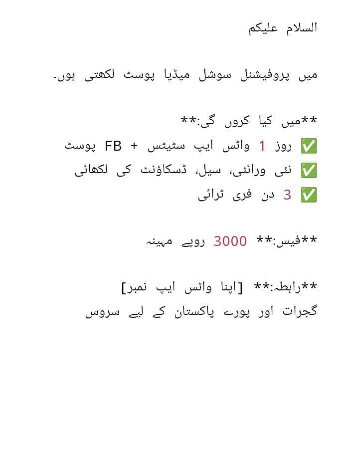 میں کپڑے کی دوکانوں کے لیے FB اور واٹس ایپ پوسٹ لکھتی ہوں 0