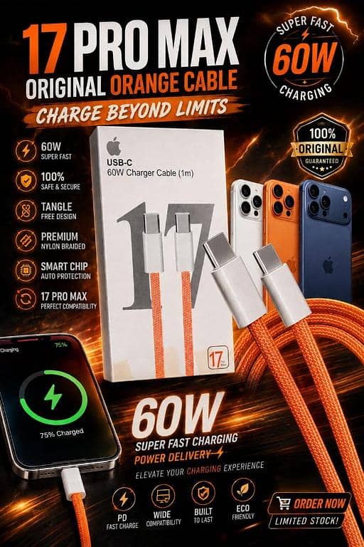 iPhone 17 Pro Max 60W USB-C To USB-C Super Fast Charging Cable For | Original Orange Premium Nylon Braided Type-C PD Fast Charger Cord (1m) Wide Compatibility