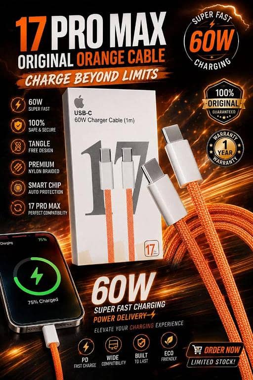 iPhone 17 Pro Max 60W USB-C To USB-C Super Fast Charging Cable For | Original Orange Premium Nylon Braided Type-C PD Fast Charger Cord (1m) Wide Compatibility