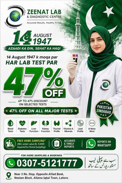 Azadi offer on Lab Tests 47% off (Free Home Sampling)
