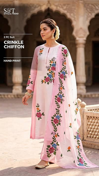 Style & Trend Premium Quality Hand Printed 2pc Unstitched Crinkle Chif