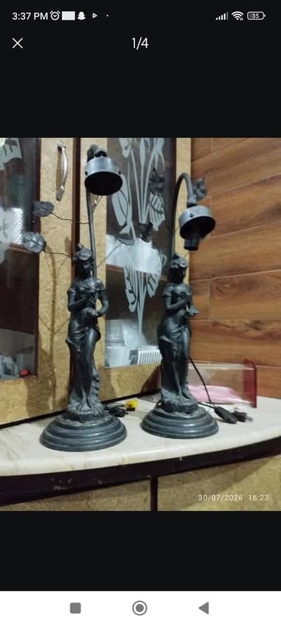 Antique Metal Figurine Table Lamp Pair