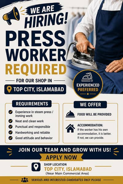 Clothes Pressing worker required for shop