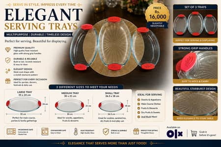 3-Piece Premium Glass Serving Tray Set, Microwave Safe, Heat Resistant