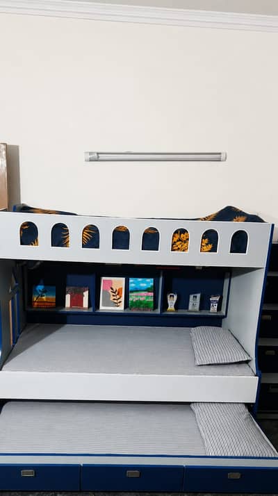 Kids 3-in-1 Bunk Bed with Storage, Trundle + Stairs | Navy Blue & Grey