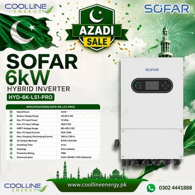 SOFAR 6KW Hybrid Solar Inverter IP66 / 10 Year Replacment Warranty