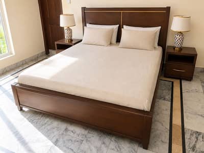 King size solid wooden bed set with two matching side tables
