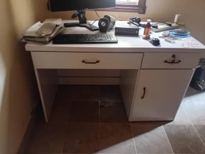 Modern White Study Table with Storage Cabinet | Minimalist Office Desk