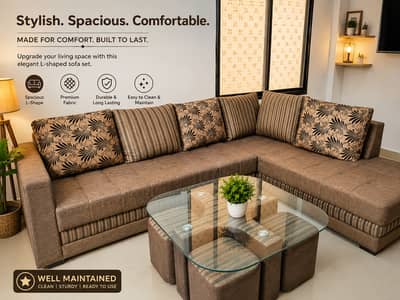 Stylish L-Shaped Sofa Set with Glass Table | Comfortable & Well