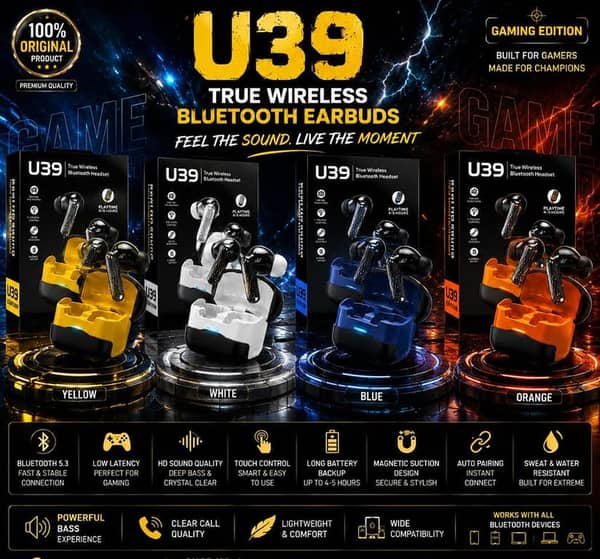 ORIGINAL U39 Gaming Earbuds Bluetooth 5.3 Wireless Headphones - Low Latency True Wireless TWS - Deep Bass Sound, 5H Battery, Touch Control, Sweatproof Earphones With Mic Works With All Devices