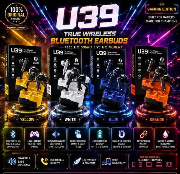 ORIGINAL U39 Gaming Earbuds Bluetooth 5.3 Wireless Headphones - Low Latency True Wireless TWS - Deep Bass Sound, 5H Battery, Touch Control, Sweatproof Earphones With Mic Works With All Devices