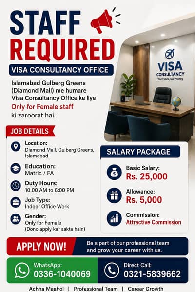 Female staff Required for Visa Consultancy office In gulberg greens