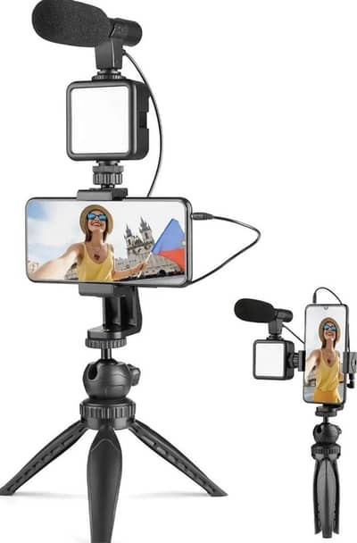 AY-49 Vlogger Kit With Mic Light Tripod Remote Black