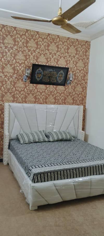 luxury king size bedroom set -white upholstered bed with 2 side table