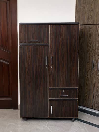 2 Door Wooden Almari with Locker, Drawers and Wheels - Used Few Months