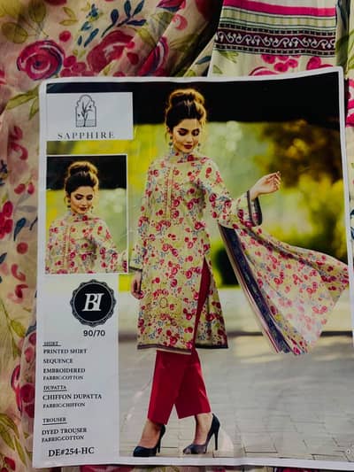 sapphire 3-piece cotton suite with chiffon duppatta floral print