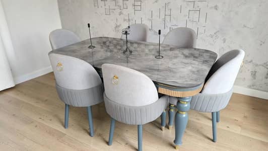 Modern Marble-Top Dining Set with Soft Towel Fabric Upholstered Chairs