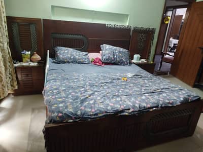 Wooden bed set with side tables and dressing table