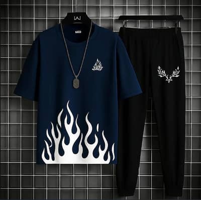 Men Flame Print Tracksuit Set - Navy Blue & Black