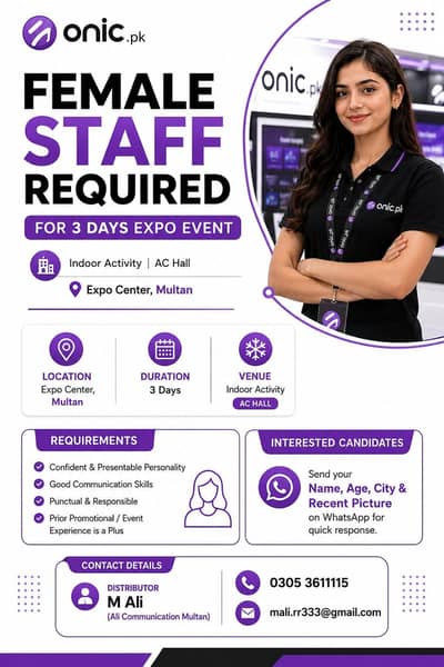 Female staff required for onic sim stall at Bazar expo center Multan