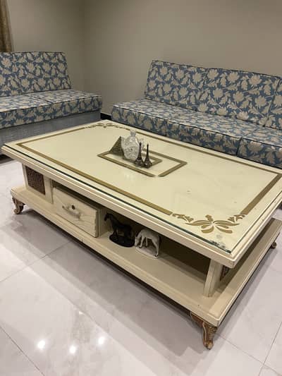 Elegant Cream & Gold glass top center Table with drawer