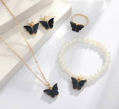 4-Piece Butterfly Jewelry Set - Necklace, Earrings, Ring, Bracelet
